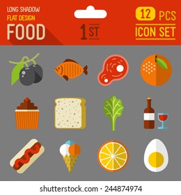 Food and drinks flat long shadow design icon 2nd set. 12 pcs. Trendy vector illustrations.