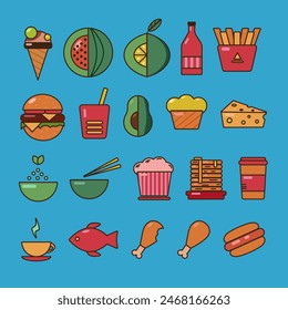 Food, drinks and fruit  line and color  icons, isolated on a blue background