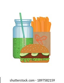 Food and drinks. Glass jar for drinking vegetable juice, carrot sticks. N foreground burger with soy cutlet, cucumber and lettuce. Multi-colored image. Close-up. Design element. Vector illustration.