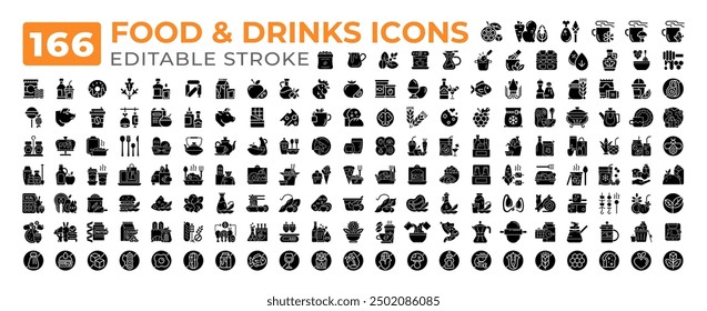 Food and drinks glyphs icons big set. Fastfood. Cooking. Allergen free. Coffee brewing. Beverage healthy eating iconset solid signs. Silhouettes symbols. Vector isolated illustrations. Editable stroke