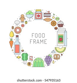 Food and drinks (grocery shop) outline circle frame illustration. Clean and simple design. Part one.