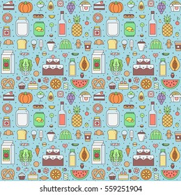 Food and drinks (grocery shop) outline seamless vector pattern. Clean and simple design.