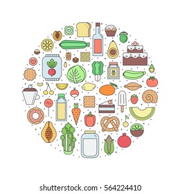 Food and drinks (grocery shop) outline circle illustration. Clean and simple design. Part two.