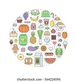 Food and drinks (grocery shop) outline circle illustration. Clean and simple design. Part one.