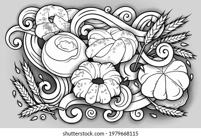 Food and drinks hand drawn vector doodles illustration. Bake shop elements and objects cartoon banner. Monochrome funny bakery border