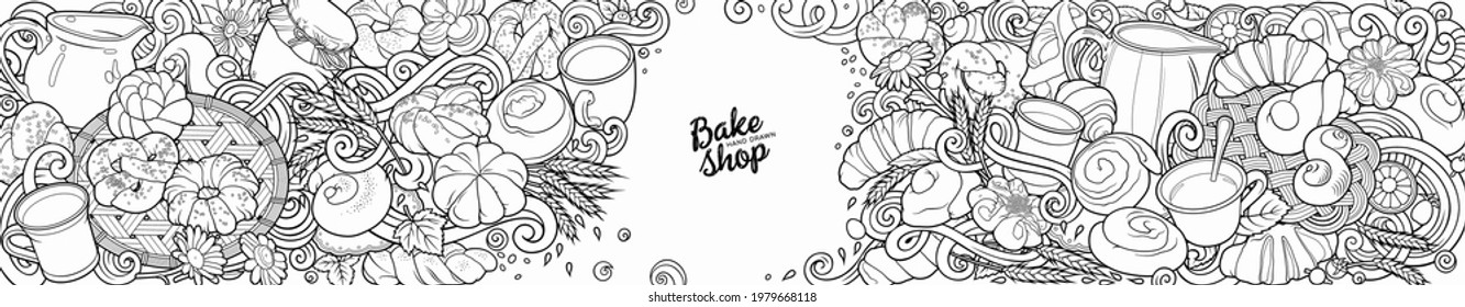 Food and drinks hand drawn vector doodles illustration. Bake shop elements and objects cartoon banner. Bright colors funny bakery border