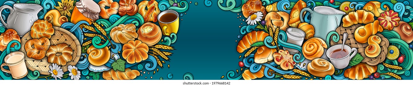 Food and drinks hand drawn vector doodles illustration. Bake shop elements and objects cartoon banner. Bright colors funny bakery border