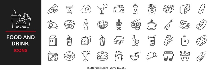 Food and drinks icon set. Contains such icons as burger, coffee, donut, bubble tea,pizza, french fries, tea, desserts, beer, hot dog, sushi and rolls, coctail, energy, chicken leg with salad and more