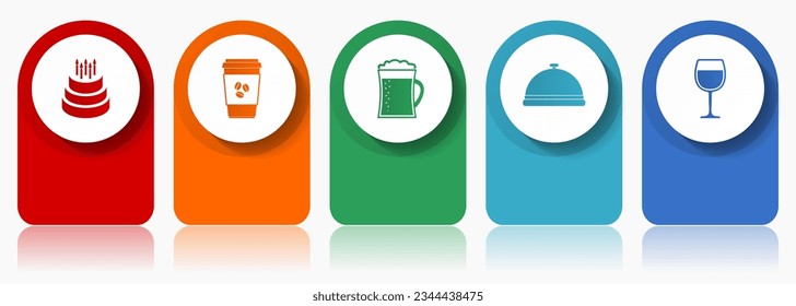 Food and drinks icon set, flat design miscellaneous colorful icons such as birthday cake, coffe, beer and drink for webdesign and mobile applications, infographic vector template in eps 10