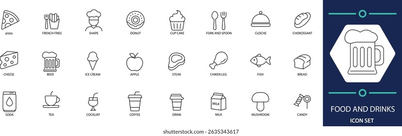 Food and Drinks Icon Set  Meal, Beverage, Snack, and Kitchen Symbols