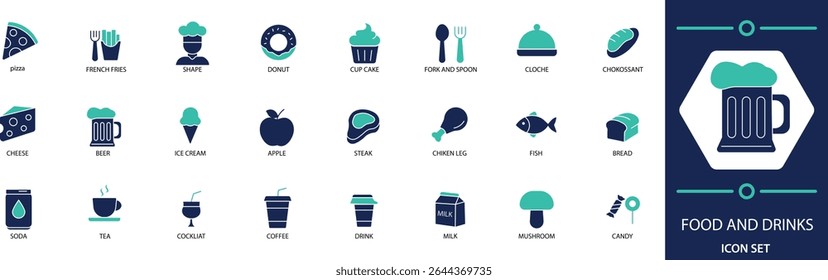 Food and Drinks Icon Set Meal, Beverage, Snack, and Kitchen Symbols