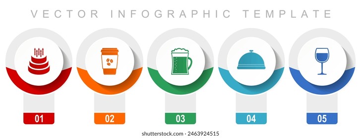 Food and drinks icon set, miscellaneous vector icons such as birthday cake, coffe, beer and drink, modern design infographic template, web buttons in 5 color options