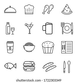 Food and drinks icon set. Restaurant icons set outline style for your web design, logo, UI. illustration. such as chicken, meal, cafe, cook,  chef, hat, pizza, thin, champagne, cocktail, coffee, dish.