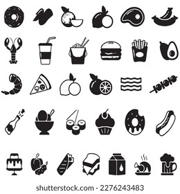 Food and drinks icon set. Seafood, pasta, soup, bread, egg, cake, sweets, fruits, vegetables, drinks, pizza, fish and more flat icon.
