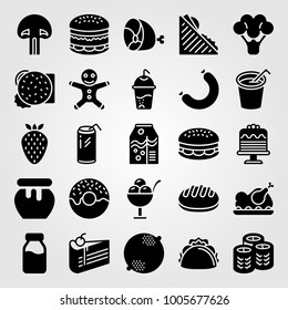 Food And Drinks icon set vector. soft drink, bread, roast chicken and broccoli