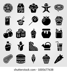 Food And Drinks icon set vector. lollipop, cherries, glass and popcorn