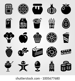Food And Drinks icon set vector. cupcake, ice cream, avocado and broccoli