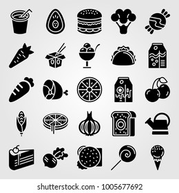 Food And Drinks icon set vector. milk, cherries, can and meat