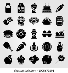 Food And Drinks icon set vector. apple, sardines, cake and birthday cake