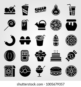 Food And Drinks icon set vector. pizza, soda, roast chicken and burger