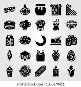 Food And Drinks icon set vector. meat pie, popcorn, avocado and sausage