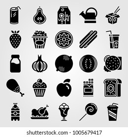 Food And Drinks icon set vector. can, strawberry, glass and meat pie