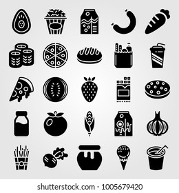Food And Drinks icon set vector. soft drink, orange juice, milk bottle and radish