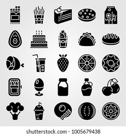 Food And Drinks icon set vector. strawberry, cherries, sardines and birthday cake