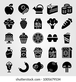 Food And Drinks icon set vector. juice, sishi, piece of cake and soft drink