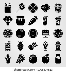 Food And Drinks icon set vector. doughnut, broccoli, pizza and fried egg
