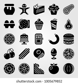 Food And Drinks icon set vector. sardines, tomato, piece of cake and pear