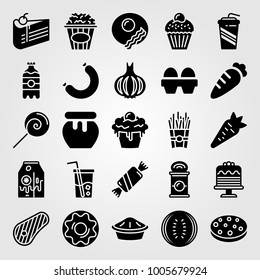 Food And Drinks icon set vector. honey, soft drink, cake and soda