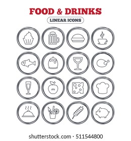 Food and Drinks icons. Beer, coffee and cocktail symbols. Fish and pork meat, hamburger and cheese thin outline signs. Chief hat. Circle flat buttons with linear icons. Vector