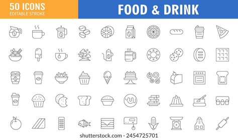 Food and drinks icons collection. Set of 50 thin line icons. Food and drinks black icons. Vector illustration