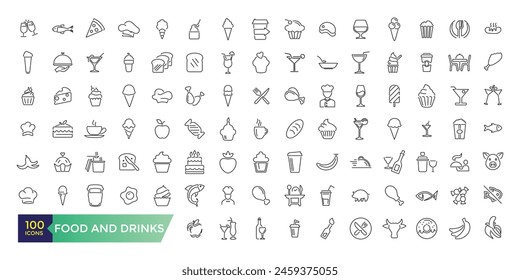 Food and drinks icons collection. Set of more thin line icons. Food and drinks black icons.