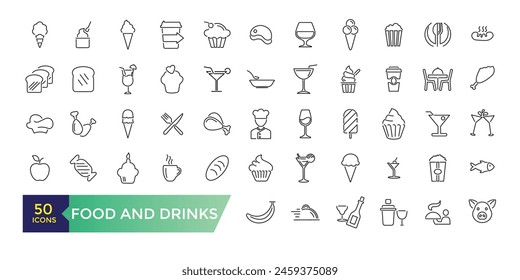 Food and drinks icons collection. Set of more thin line icons. Food and drinks black icons.