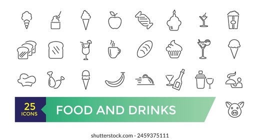 Food and drinks icons collection. Set of more thin line icons. Food and drinks black icons.