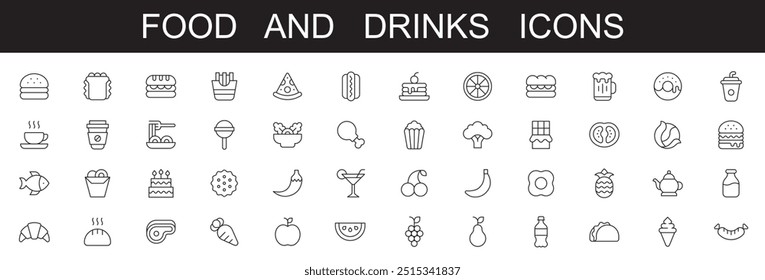 Food and drinks icons editable stroke line icons vector illustration on white background related with food drinks restaurant, fruits, vegetables, menu,