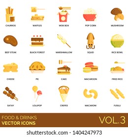 Food and drinks icons including churros, waffles, wok box, popcorn, mushroom, beef steak, black forest, marshmallow, squid, rice bowl, cheese, cake, macaroon, fried, satay, lollipop, crepes, macaroni.