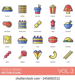 Food and drinks icons including churros, waffles, rice box, popcorn, mushroom, beef steak, black forest, marshmallow, squid, bowl, cheese, cake, macaron, satay, lollipop, crepes, macaroni, fusilli.