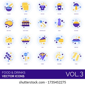 Food and drinks icons including churros, waffles, wok box, popcorn, mushroom, beefsteak, black forest, marshmallow, squid, cheese, cake, macaron, fried rice, satay, lollipop, crepes, macaroni, fusilli