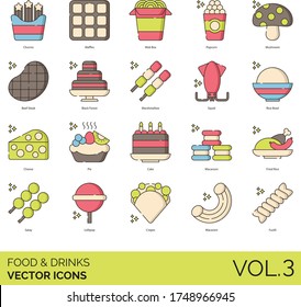 Food and drinks icons including churros, waffles, wok box, mushroom, beef steak, black forest, marshmallow, squid, bowl, cheese, cake, macaron, fried rice, satay, lollipop, crepes, macaroni, fusilli.