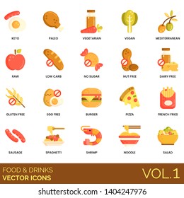 Food and drinks icons including keto, paleo, vegetarian, vegan, mediterranean, raw, low carb, no sugar, nut free, dairy, gluten, egg, burger, pizza, french fries, sausage, spaghetti, shrimp, noodle.
