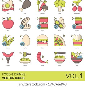 Food and drinks icons including keto, paleo, vegetarian, vegan, mediterranean, raw, low carb, no sugar, nut free, dairy, gluten, egg, burger, pizza, french fries, sausage, spaghetti, noodle, salad.