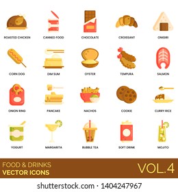 Food and drinks icons including roasted chicken, canned, chocolate, croissant, onigiri, corn dog, dim sum, oyster, tempura, salmon, onion ring, pancake, nachos, cookie, curry rice, yogurt, margarita.