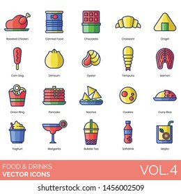 Food and drinks icons including roasted chicken, chocolate, croissant, onigiri, corn dog, dim sum, tempura, onion ring, pancake, nachos, cookies, curry rice, yoghurt, margarita, bubble tea, mojito.