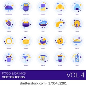 Food and drinks icons including roasted chicken, canned, chocolate, croissant, onigiri, corn dog, dim sum, oyster, tempura, salmon, onion ring, pancake, nachos, cookies, curry rice, yoghurt, margarita