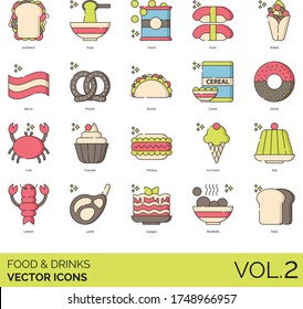 Food and drinks icons including sandwich, soup, snack, sushi, kebab, bacon, pretzel, burrito, cereal, donut, crab, cupcake, hot dog, ice cream, jelly, lobster, lamb, lasagna, meatball, toast.