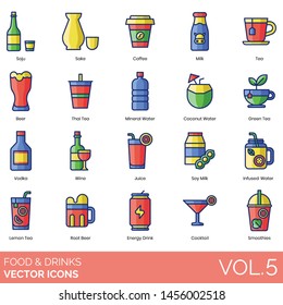 Food and drinks icons including soju, sake, coffee, milk, beer, thai tea, mineral water, coconut, green, vodka, wine, juice, soy, infused, lemon, root, energy, cocktail, smoothies.