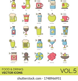 Food and drinks icons including soju, sake, coffee, thai tea, water, wine, juice, soy milk, infused, lemon, beer, energy, cocktail, smoothies, strawberry jam, gingerbread, cotton candy, banana split.
